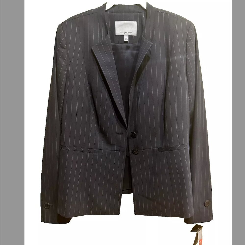 NWT! CLASSIQUES ENTIER navy Pinstripe Classic Wool Blend Blazer Sz12 Career Zoom